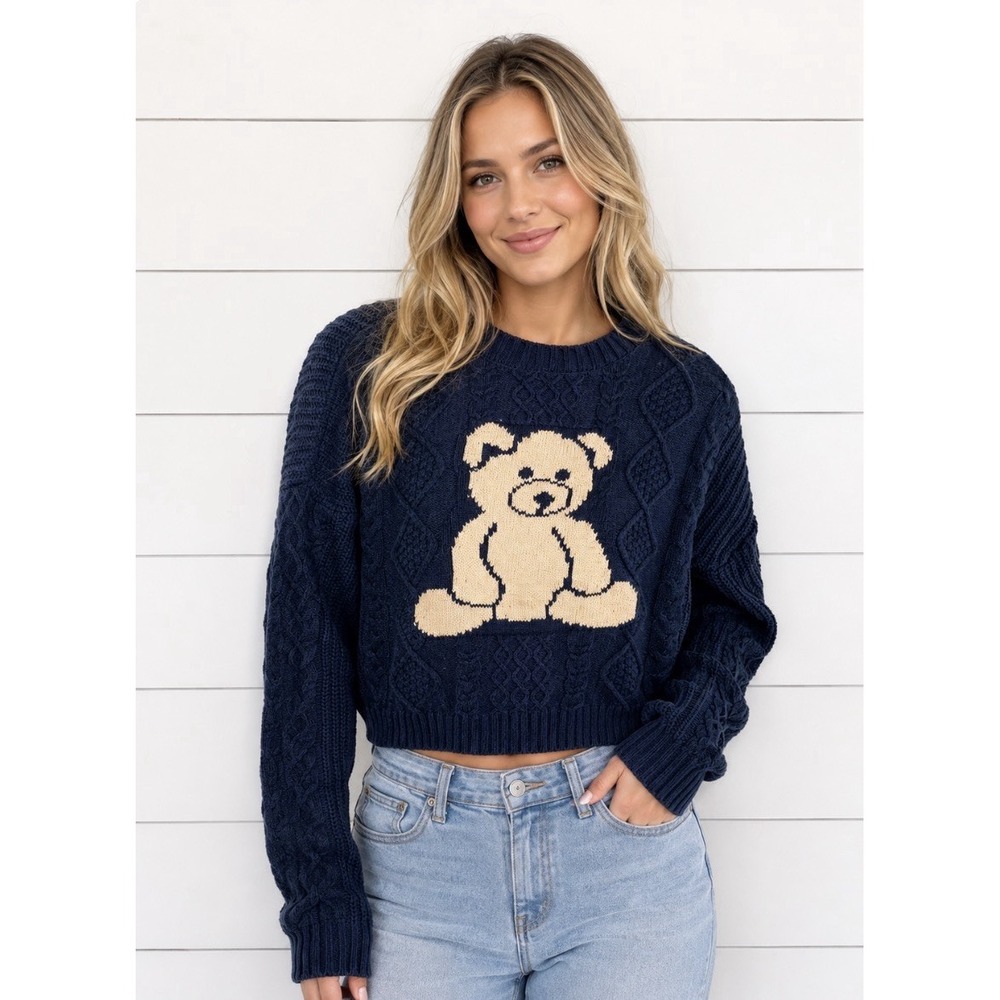Originality Navy Blue Teddy Bear Cable Knit Sweater – XS